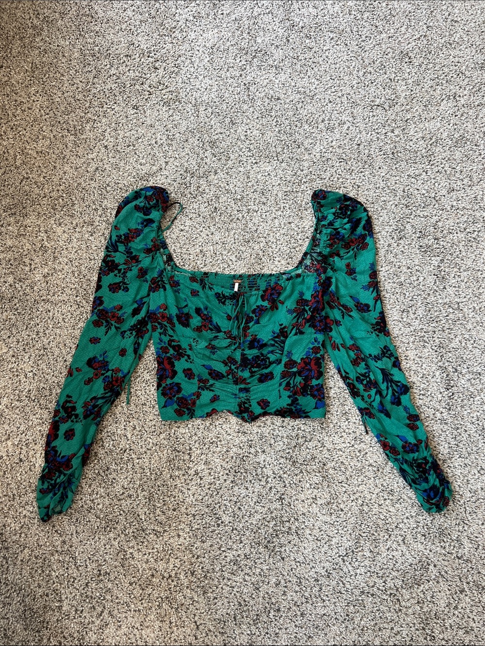 Free People Teal Green Floral Square-Neck Crop Top
